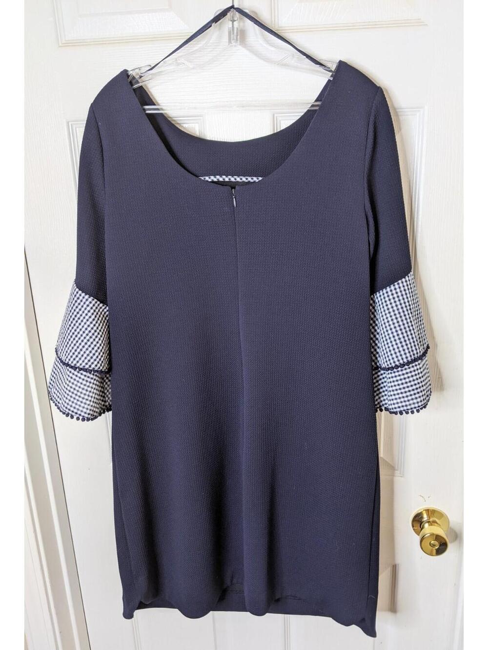 J. Howard Navy Blue Textured Shirt Dress Gingham Tiered Bell Sleeves Size 14 - Picture 3 of 5